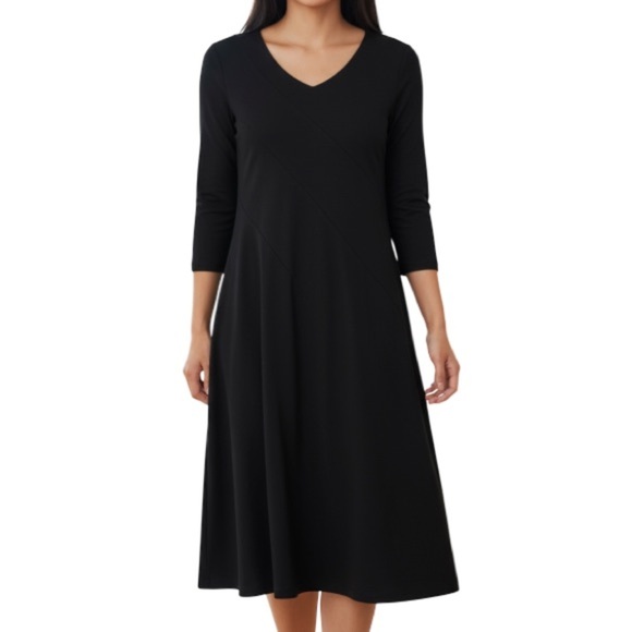 JONES NEW YORK Knit Sweater Dress Black Midi 3/4 Sleeve Fit Flare Witchy M - Picture 1 of 10